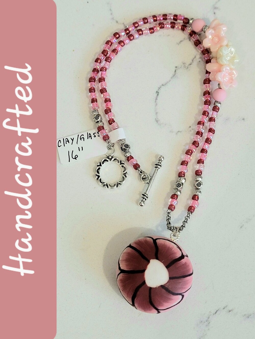 Hand Crafted Kids' Pink Floral Pendant Beaded Necklace - Picture 7 of 8